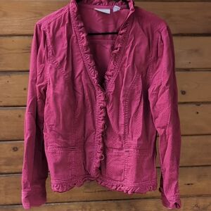 Chico's women's pink ruffle long sleeve button-up fitted jacket.